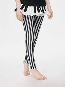 ROMWE Grunge Punk 1 件朋克风竖条纹印花连裤袜，Y2K 黑白打底裤，性感透气超薄网眼弹力肉感长筒袜，四季皆宜的经典款紧身裤 - 黑與白 - 查看 4