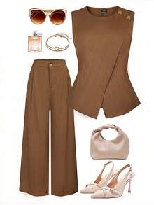Franclia Bộ đồ hai mảnh dành cho nữ cỡ lớn mùa xuân/hè, phong cách Pháp lãng mạn Sicily thanh lịch thường ngày công sở phong cách bohemian đi nghỉ mát trà chiều, màu trơn, cổ tròn, hai lớp vai, khóa kim loại bất đối xứng trang trí, áo ngắn không tay với eo chun, quần có túi. - màu nâu - Xem 9