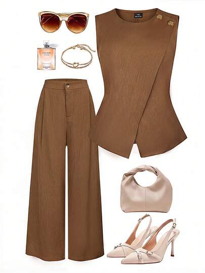 Franclia 大码女装春夏法式浪漫西西里优雅休闲通勤波西米亚度假下午茶纯色圆领双层肩部不对称金属扣装饰无袖短款衬衫，带松紧腰带和口袋的裤子两件套