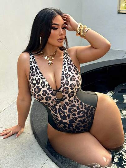 Swim SXY Plus Size Women's Black Ombre Leopard Print Crossover Hollow Out Slimming One-Piece Swimsuit, Sexy & Suitable For Daily Wear