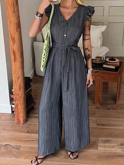 DAZY Women's V-Neck Sleeveless Frill Trim Cinched Waist Waist Loose Straight Leg Jumpsuit, Casual City Vacation Style