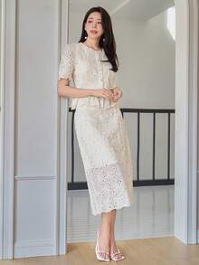 DAZY Women's Lace Fabric Round Neck Short Sleeve Cardigan And Straight Long Skirt Elegant Urban Casual 2 Pieces Set - Beige - View 2