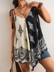 Freevana 大码波西米亚风腰果印花吊带背心，双面可穿不对称下摆宽松上衣，度假显瘦时尚吊带背心 - 黑與白 - 查看 6