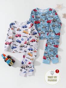 Bộ đồ ngủ 4 món cho bé trai, ôm sát, in hình máy xúc, cần cẩu, xe tải ngộ nghĩnh, phối màu gồm áo dài tay và quần. - Nhiều màu - Xem 4