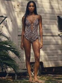 Maija Women's Spaghetti Strap Sleeveless Ruffled Leopard Print Fitted Hollow One-Piece Swimsuit - Brown - View 1