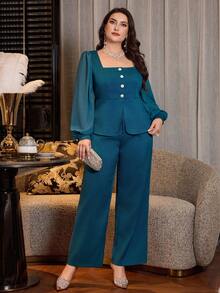 Modelyn 复古蓝绿色方领套装：珍珠纽扣雪纺泡泡袖露脐上衣 + 高腰直筒阔腿裤 / 优雅办公室穿搭 大码两件套 - 水鴨藍 - 查看 7