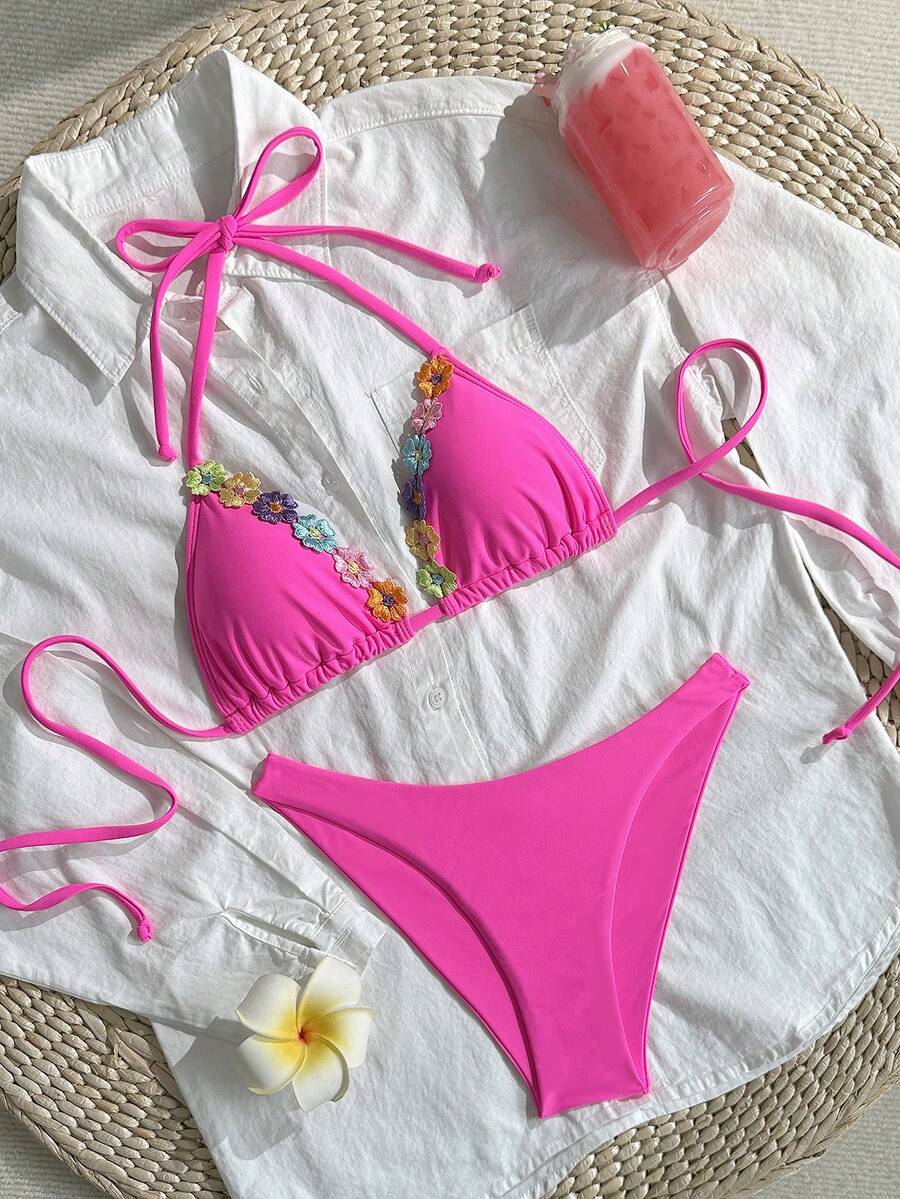 Swim Vcay Bộ bikini hai mảnh màu hồng, chất liệu vải dệt, thích hợp cho nữ, đi biển, thích hợp cho kỳ nghỉ. - Hồng - Xem 1