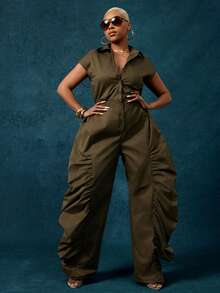 Vixey Olive Ruched Wide Leg Shirred Back Button Up Woven Utility Jumpsuit - Olive Green - View 3