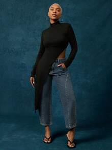 Vixey Black Jersey Mock Neck Long Sleeve Asymmetrical Hem Top - Black - View 2