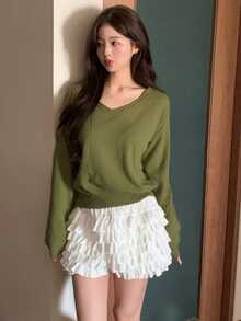 DAZY 女士纯色V领休闲百搭长袖毛衣，适合秋冬季日常穿着 - 綠色 - 查看 6