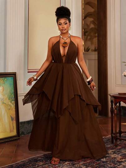 Maweii 大码女士纯色露背系带荷叶边时尚派对连衣裙