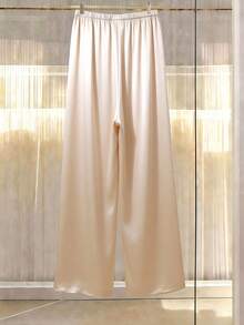 GlowEve Quần ống đứng dáng rộng, màu trơn, cạp chun, thiết kế tối giản. - Màu be - Xem 2