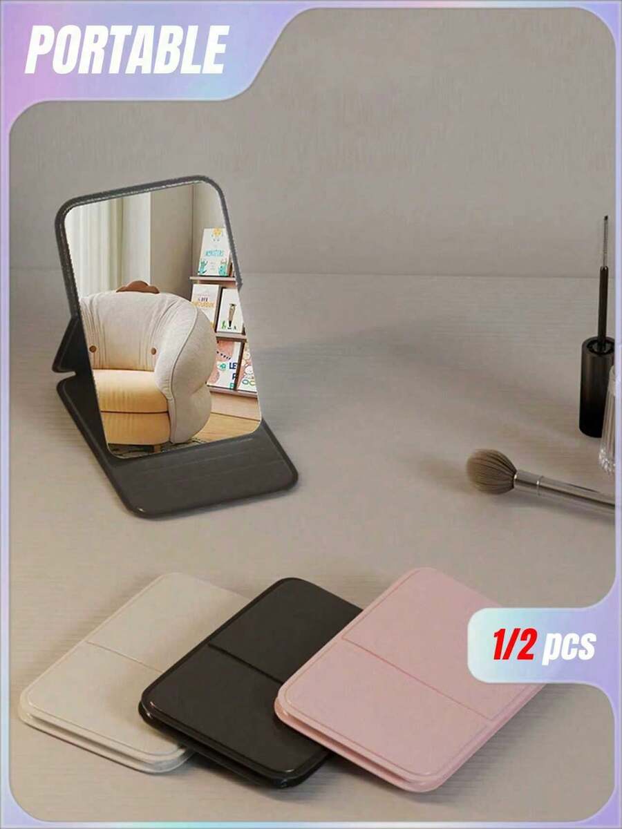 Gương trang điểm cầm tay 1/2 chiếc, màu trơn, da PU, đơn giản, di động, có thể gập lại, gương mini dễ thương - Hoàn hảo - Nhiều màu - Xem 1