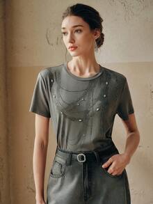 Anewsta Women's Heavy Chain Print Rhinestone Embellished T-Shirt - Grey - View 6