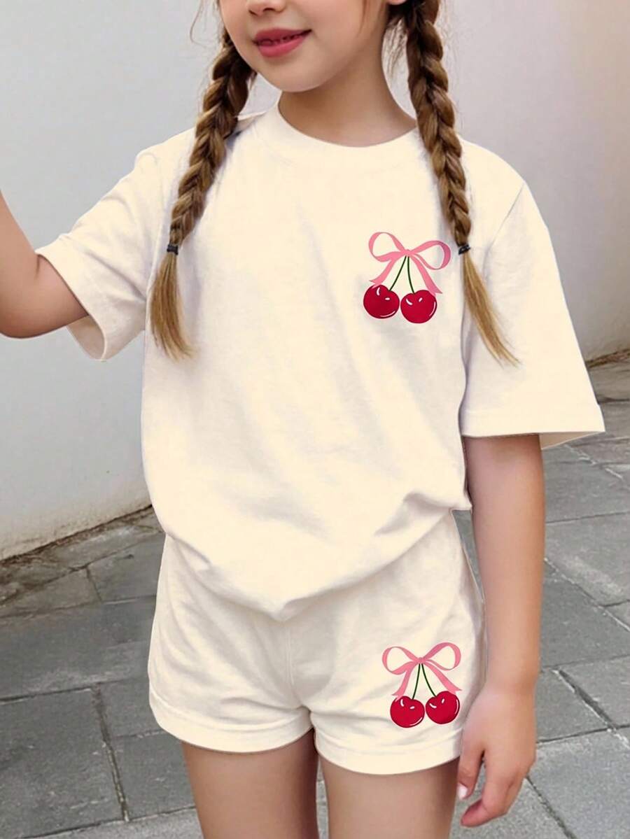 SHEIN Leap Crew 2 件套可爱粉色蝴蝶结和樱桃印花少女休闲简约短袖 T 恤和短裤，适合夏季 - 彩色 - 查看 1
