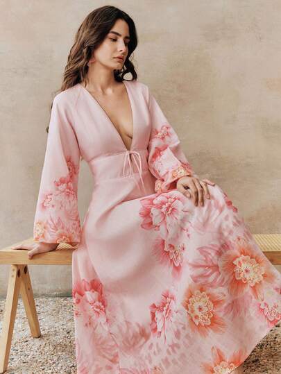 Anewsta Women's Floral Print Deep V-Neck Long Sleeve Dress, Romantic & Elegant For Holiday, Women's Day, Mother's Day Resort Wear Kimono Dress Floral Dress Wedding Guest Dress