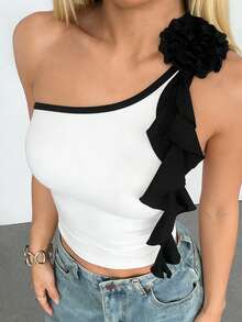 INAWLY Women's Asymmetrical Ruffle Floral Design Contrast Color Asymmetric Shoulder Tank Top - Black and White - View 5