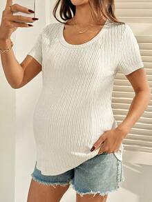 SHEIN 孕妇哺乳纯色圆领短袖T恤 - 杏色 - 查看 3