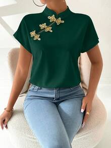 Chiquease Women's Chinese Button Short Sleeve Blouse For New Year Clothes - Dark Green - View 7