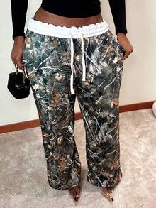 Women's Spring/Summer Back To School Basic Knit Camo Stretchy Comfortable Army Green Wide Leg Sweatpants - Green - View 6