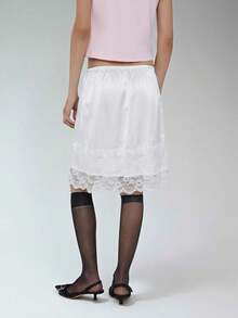 COUREZ 低腰缎面中长裙，蕾丝裙边 / Y2K 冬季女装，派对装，外出装，性感优雅黑色半身裙 - 白色 - 查看 5