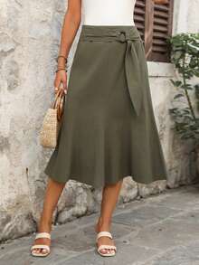 SHEIN LUNE Fustă casual pentru femei, 100% bumbac, culoare solidă, casual pentru femei, vacanțe de vară, verde militar, fustă casuală - Verde - Vizualizare 5