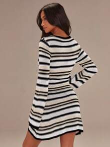 Athîral Women's Striped Print Fitted Casual Long Sleeve Sweater Dress - Black and White - View 3