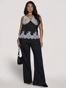 SHEIN BAE Women's Elegant Black And White Color-Blocked Lace Patchwork Camisole,Summer Night V-Neck Bustier Top With Hem,Versatile Elegant Top - Black and White - View 7