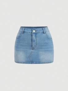 Sweetra Sweet Sexy Casual Women's Plus Size Denim Mini Skirt, Spring & Summer - Light Wash - View 1