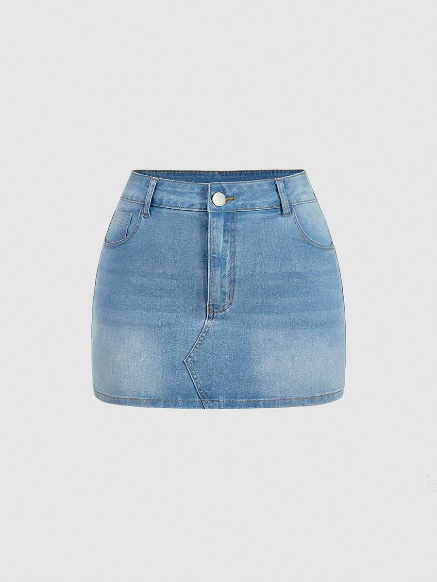 Sweetra Sweet Sexy Casual Women's Plus Size Denim Mini Skirt, Spring & Summer - Light Wash - View 1