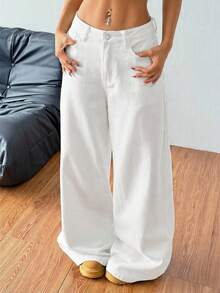 Coolane Women's Summer/Spring Casual Going Out Loose Fit Pockets Denim Wide Leg White Pants - White - View 6