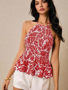 Poéselle Women's Halter Neck Sleeveless Backless Fashionable Summer Blouse With Ruffle Hem - Red - View 4