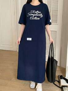 SHEIN Teen Girls' Knitted Navy Blue Short Sleeve Letter Print Patch Pocket Loose Long Casual Minimalist Dress - Royal Blue - View 3