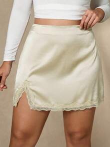 Chikora 大码纯色蕾丝拼接开衩休闲A字裙 - 駝色 - 查看 4