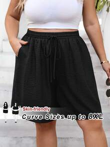 SHEIN CURVE+ Quần short nữ dáng ôm size US22, thích hợp cho lễ hội âm nhạc, kỳ nghỉ biển, phong cách boho, thời trang xuân hè, dáng rộng thoải mái, cơ bản hàng ngày, đa năng, ôm sát, cạp chun, kiểu dáng đơn giản, đi chơi, mùa hè châu Âu, sân bay, phong cách boho, kỳ nghỉ, quần short dáng ôm, phong cách cổ điển, quần short thoải mái, quần short rộng rãi, quần short Bermuda. - màu đen - Xem 4