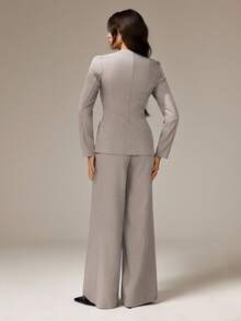 SHEIN Tall Bộ đồ nữ thanh lịch, đa năng, phù hợp đi làm hàng ngày, thời trang đường phố, áo blazer tay dài cài cúc eo bất đối xứng và quần dài cạp cao màu xám kaki, 2 mảnh. - Xám - Xem 2