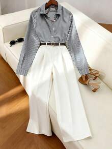 INAWLY 2pcs Casual Commuter Striped Long Sleeve Shirt With Belt Decor & Straight Leg Pants Set - Black and White - View 3