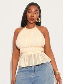 SHEIN SXY Áo croptop hở lưng gợi cảm màu trắng ngà dành cho nữ, chất liệu vải lưới, xếp ly, thời trang, thanh lịch, quyến rũ, thích hợp cho ngày Valentine, dự đám cưới, phong cách vintage, dự tiệc, đi chơi. - Màu be - Xem 7