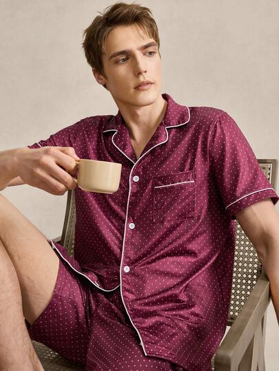 Men's Burgundy Retro British Heart Print Loose Comfortable Short Sleeve Shorts Pajama Set