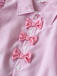 SHEIN 2件套女童彩色蝴蝶结泡泡袖白衬衫+紫色宽松阔腿裤，休闲日常及度假穿着，夏季 - 粉色 - 查看 4