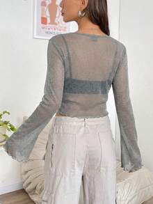 SHEIN EZwear 黑色荷叶边薄纱网眼上衣，无抹胸款式 - 銀色 - 查看 2