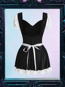 Fantasy Costume 2件套女士女仆装内衣连衣裙，带蝴蝶结装饰和围裙 - 黑與白 - 查看 2