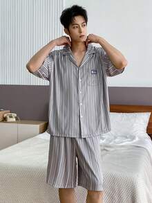 DAZY Men's Summer Short Sleeve Shirt And Shorts Pajama Set, Textured Fabric - Multicolor - View 3