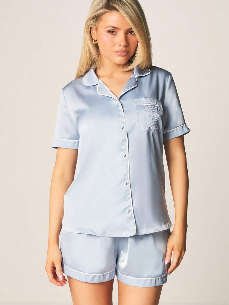 MISSGUIDED Satin Maid Of Honour Short Sleeve Button Up Shirt And Shorts Pajama Set Sleepwear Loungewear