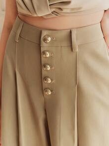Anewsta Spring Fashionable New Arrival Barrel Leg Pants With Button Closure Design For Women - Khaki - View 1