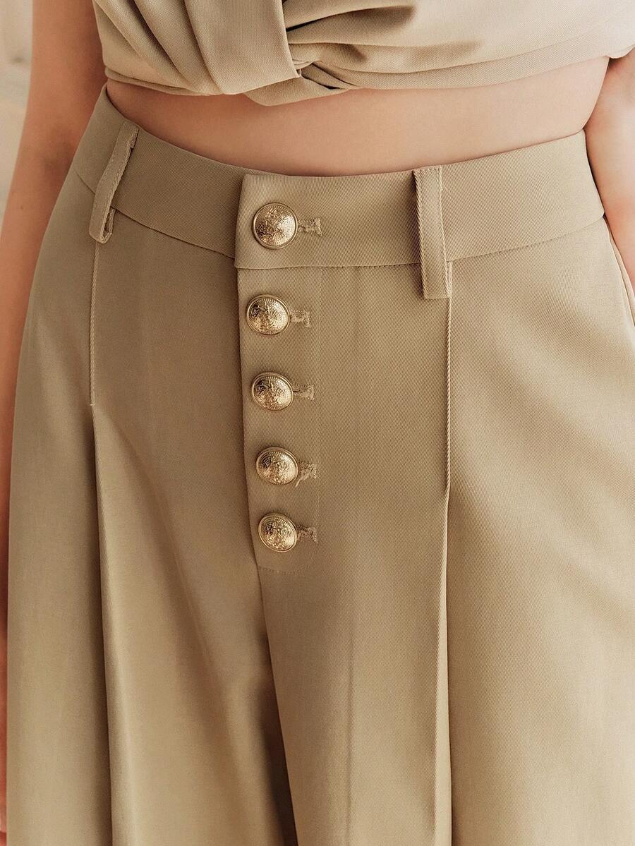 Anewsta Spring Fashionable New Arrival Barrel Leg Pants With Button Closure Design For Women - Khaki - View 1