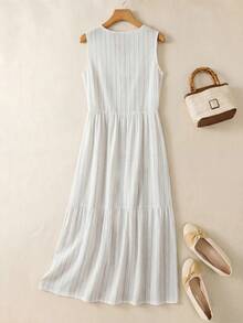 Rusticease 女士休闲条纹荷叶边圆领无袖连衣裙 - 白色 - 查看 3