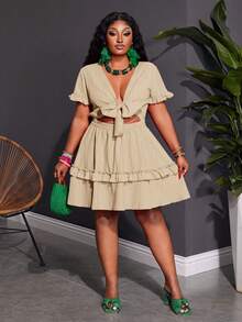 Slaydiva Plus Size Women's Boho Beige Summer Mini Dress,Holiday Night Out Club Chest Tie Front Ruffle Trim A-Line Casual Vacation Short Sleeve - Apricot - View 7