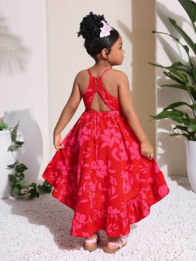 SHEIN Vestido casual de vacaciones para niña con estampado rojo, escote halter, espalda descubierta, parte delantera corta y parte trasera larga