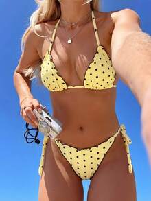 Swim Mod Women's Summer Beach Polka Dot Halter Tie Cute Bikini Swimsuit Set - Multicolor - View 1